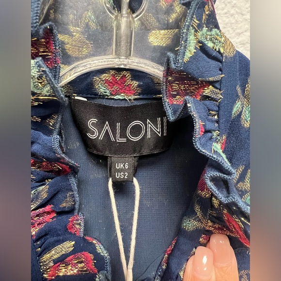 SALONI NWT Emile Floral Metallic Silk Blend Chiffon Ruffle Bow Collar Size 2 - Picture 6 of 17